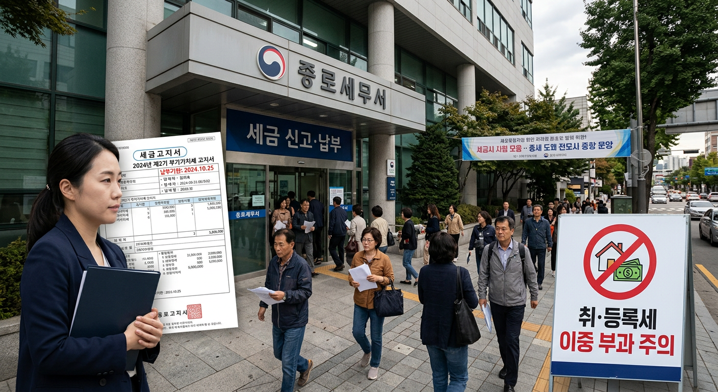 세무서 전경과 세금 고지서 이미지가 겹쳐진 일러스트, 취등록세 이중 부과 경고 아이콘 강조