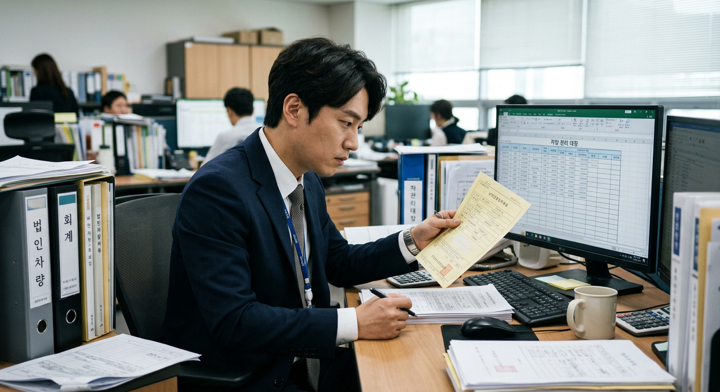정장을 입은 법인 재무 담당 직원이 모니터의 회계 장부와 차량 서류를 꼼꼼히 비교하며 검토하는 모습