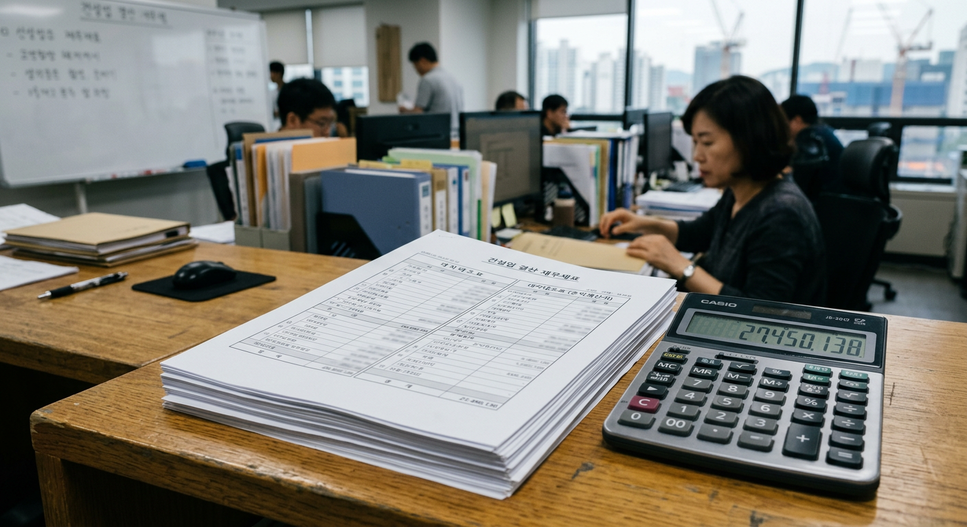 깔끔하게 정리된 건설업 결산용 재무제표 서류와 계산기 화면