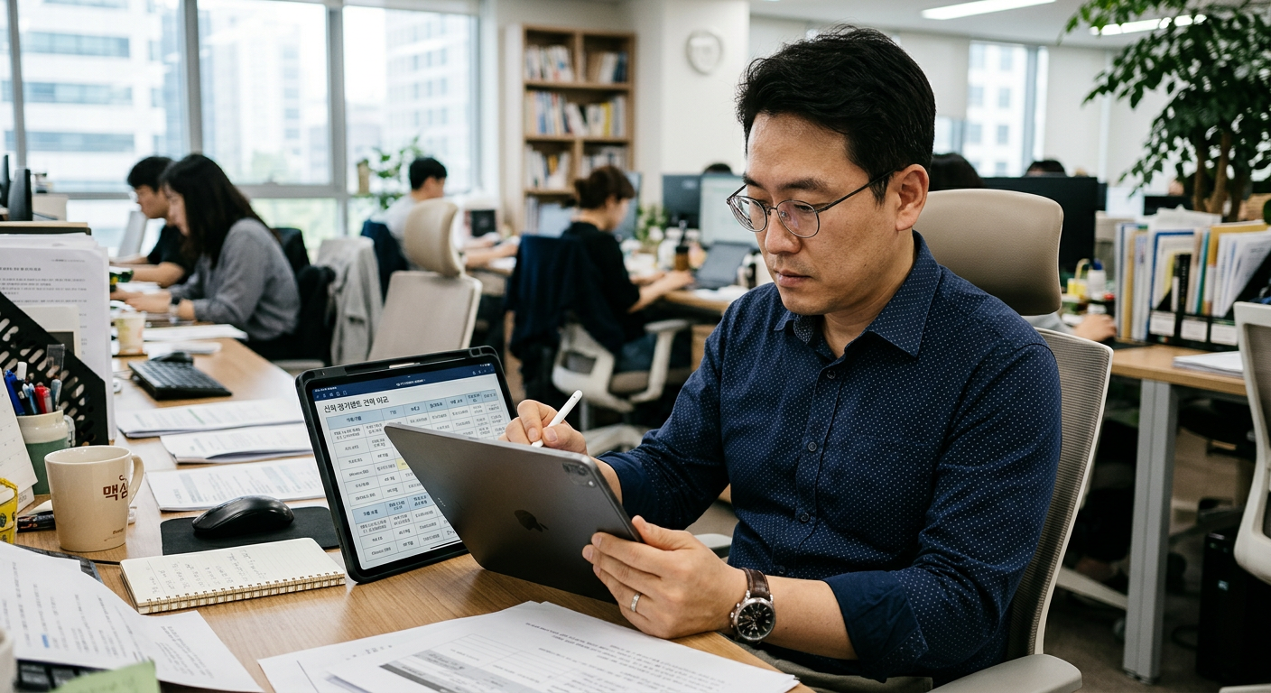 40대 남성 직장인이 태블릿 PC를 이용하여 신차 장기렌트 견적서를 꼼꼼하게 비교 분석하고 있는 모습
