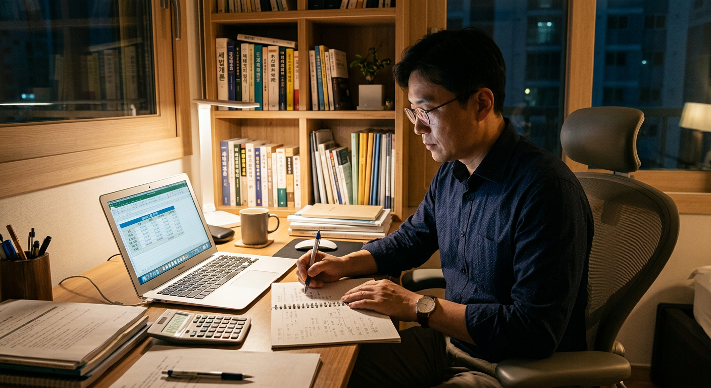 40대 직장인 남성이 서재에서 노트북 화면을 보며 메모장에 세금과 월 납입금을 계산하는 모습