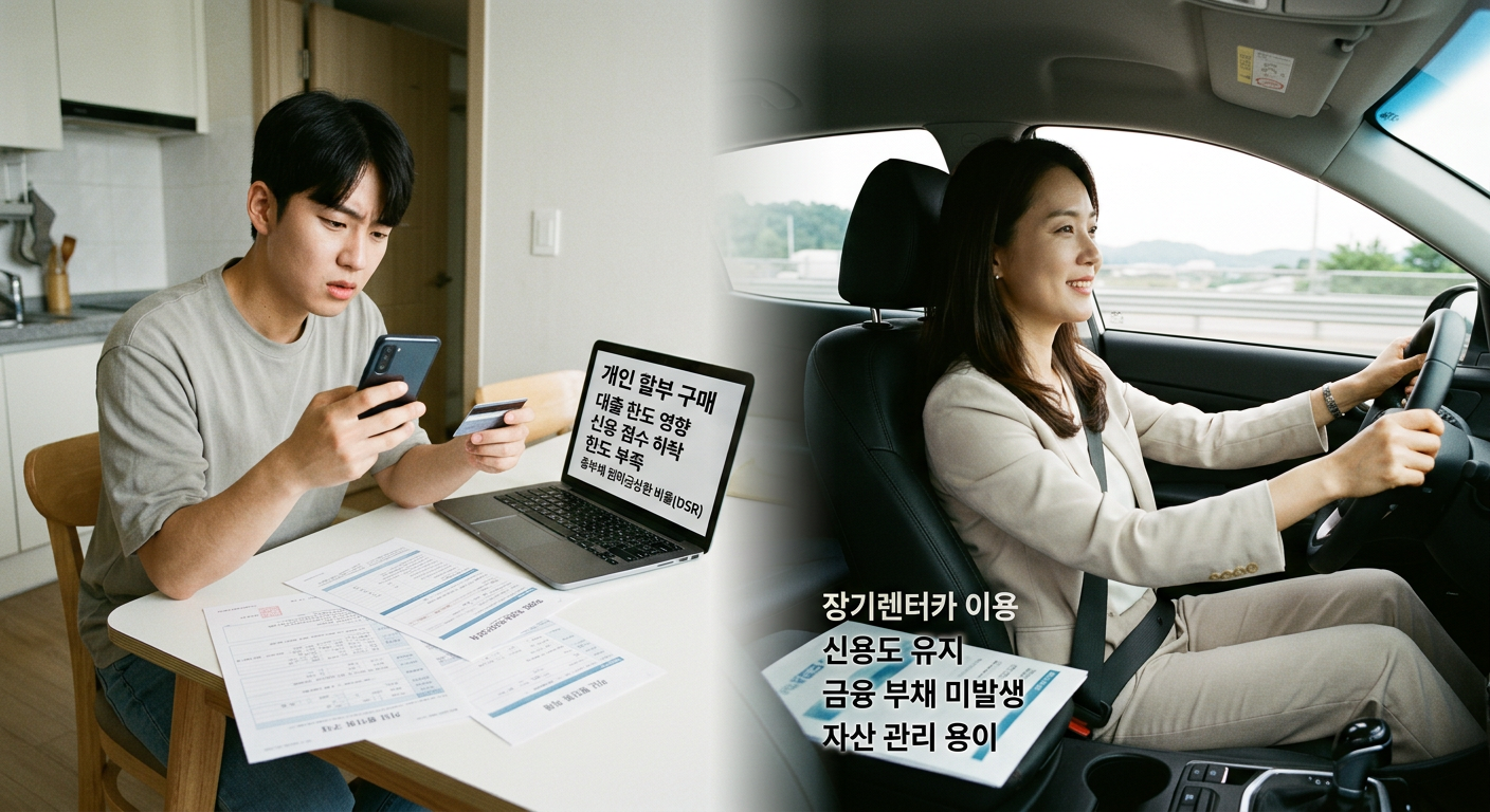 개인 할부 구매 시 대출 한도 영향과 장기렌트 이용 시 신용도 유지 효과 비교 구조도