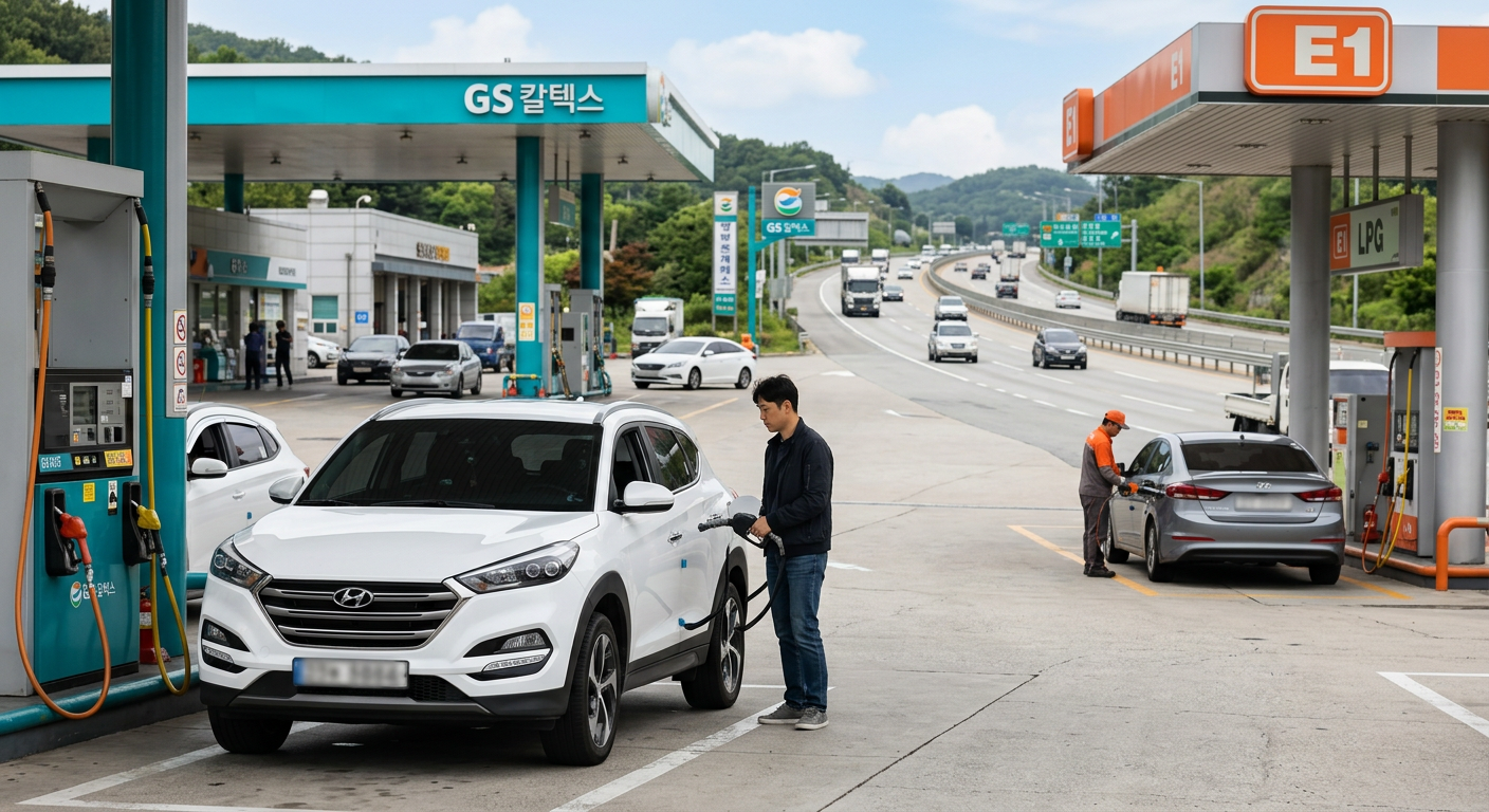 고속도로 주행 전 주유소와 LPG 충전소를 배경으로 연비 효율성을 시각화한 그래픽 이미지