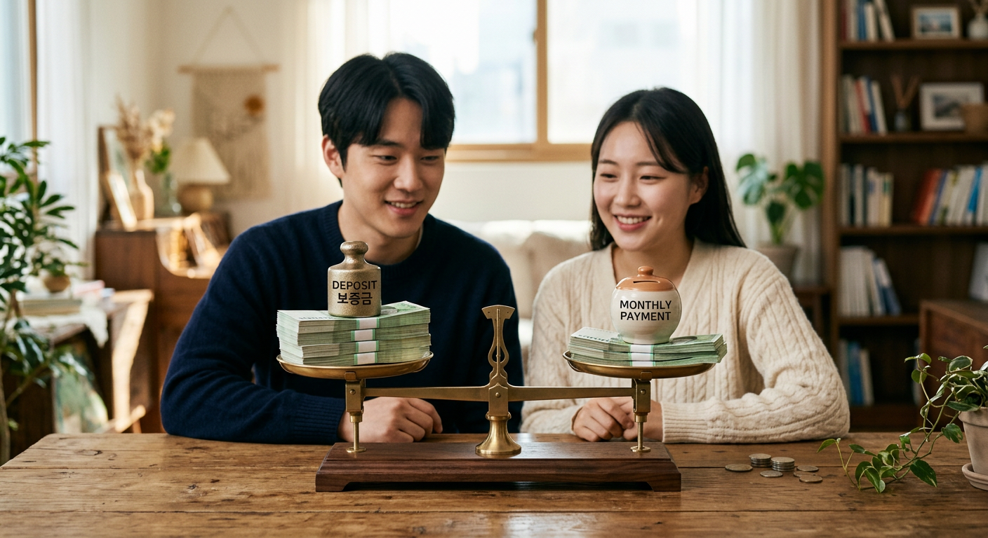 저울의 양쪽에 보증금과 월 납입금의 균형을 시각화한 모던한 3D 일러스트 무심사 장기렌트카