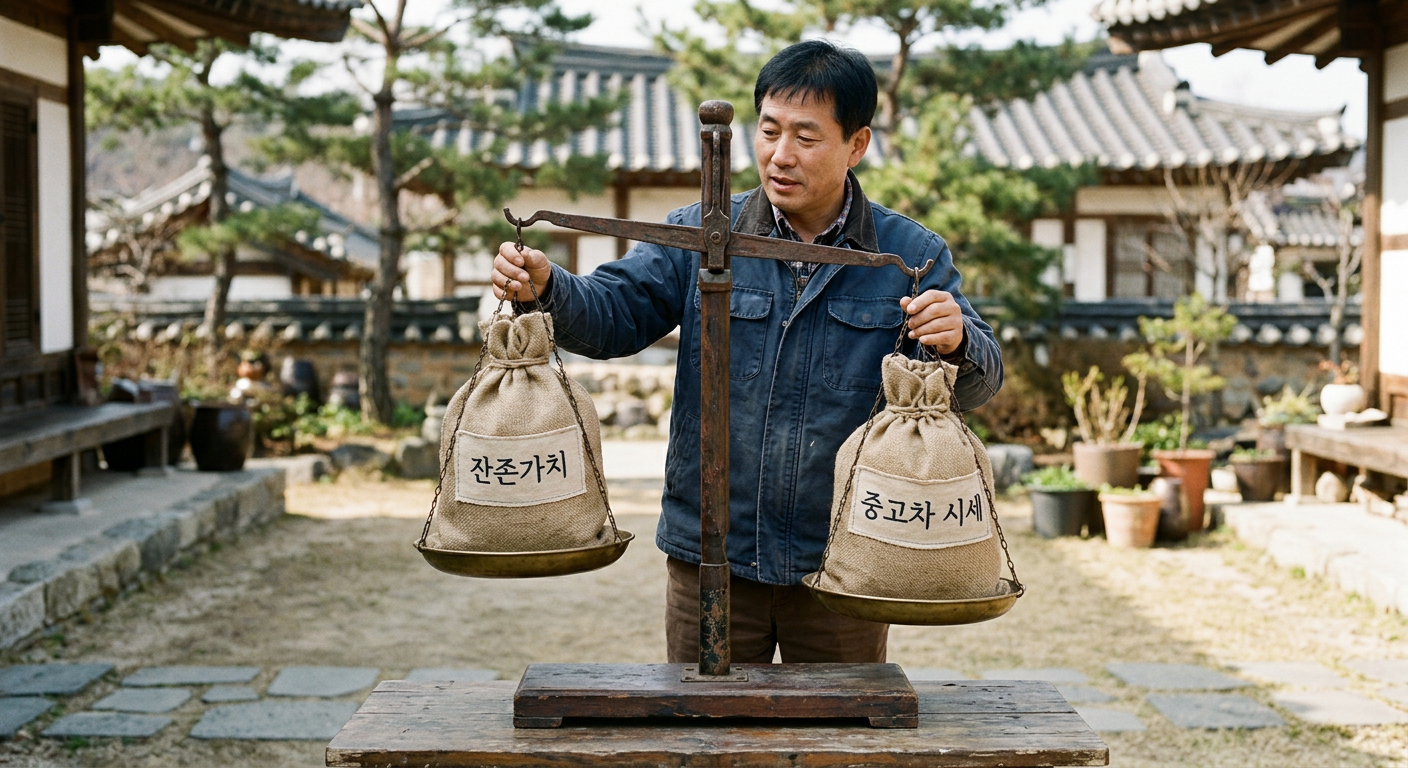 저울 양쪽에 잔존가치 주머니와 중고차 시세 주머니가 올라가 있는 직관적인 비교 도식 수입차 리스 만기 인수