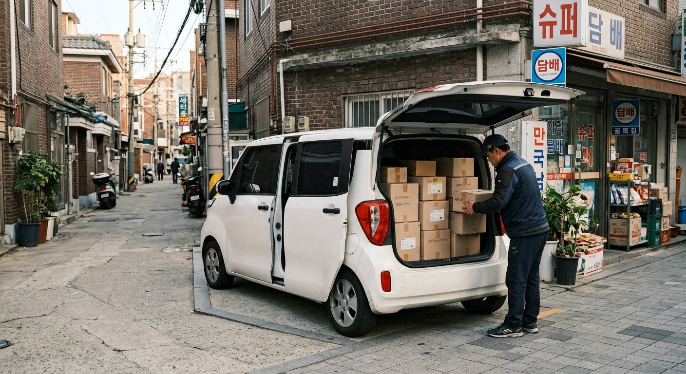 골목길 모퉁이에 정차된 화이트 컬러 기아 레이 밴 모델, 적재함에 배달용 상자들이 정돈되어 실려 있는 모습