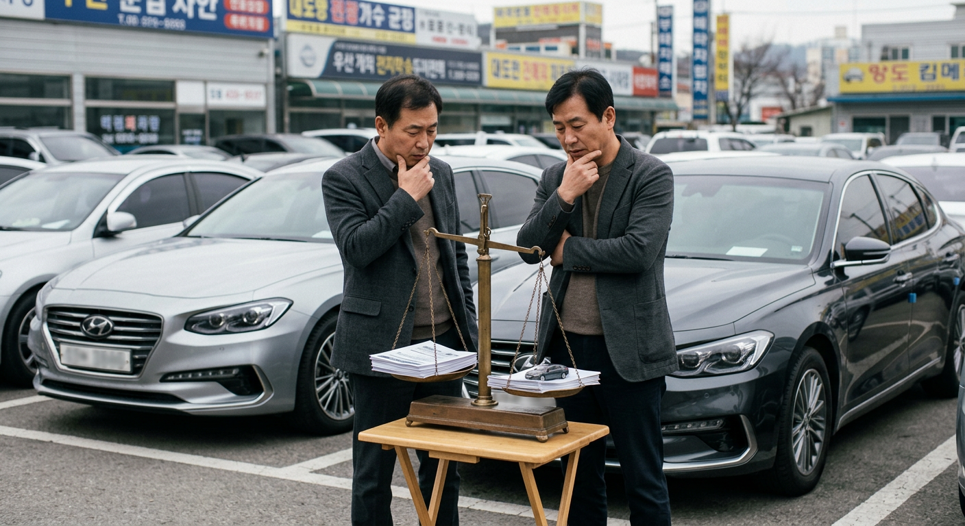 그랜저 장기렌트 인수와 반납을 결정하는 잔존가치 vs 중고차 시세 비교 저울 도식