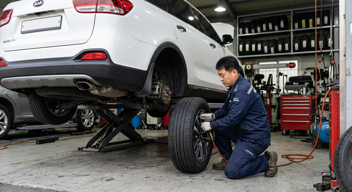 렌트사 제휴 정비소에서 SUV 차량의 타이어를 교체하고 있는 전문 엔지니어의 모습 SUV 장기렌트 가격비교