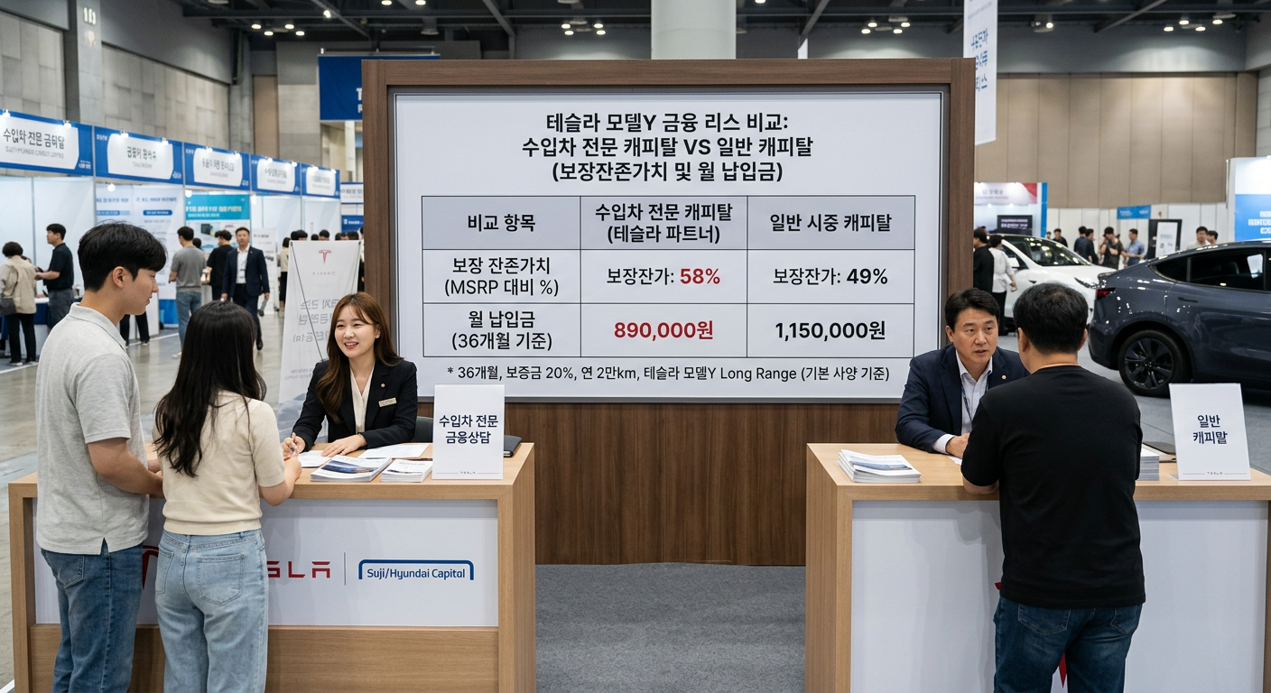 수입차 전문 캐피탈사와 일반 캐피탈사의 테슬라 모델Y 잔존가치 설정 비율 및 월 납입금 차이 비교표