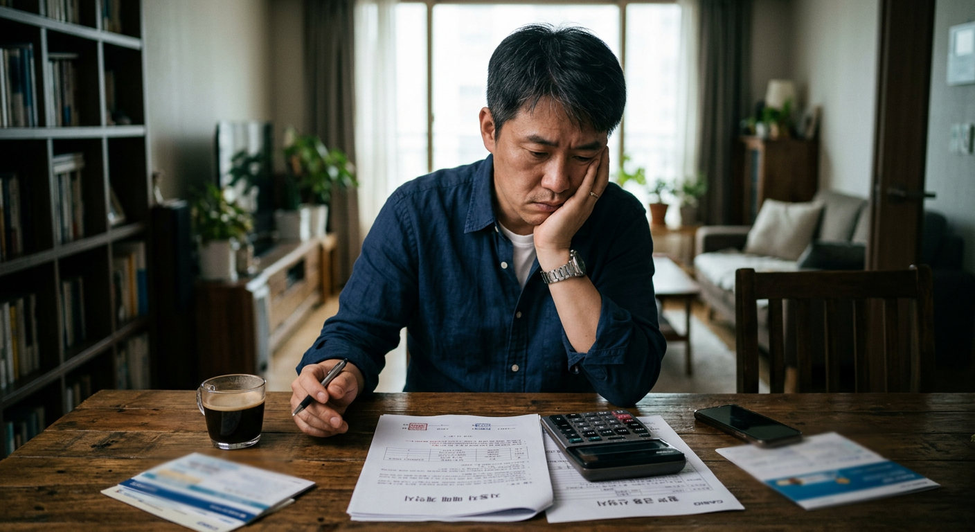 자동차 계약서와 계산기를 둔 채 고민하고 있는 40대 남성 직장인의 모습