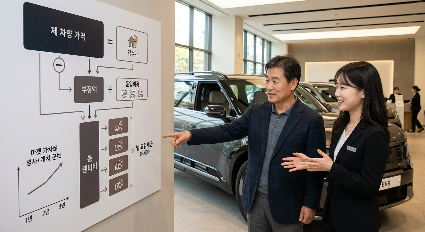 EV9 장기렌트 월 납입금 산정 구조를 보여주는 도식, 차량 가격에서 잔존가치를 뺀 금액을 기준으로 납입금이 결정되는 과정 설명 EV9 장기렌트 가격