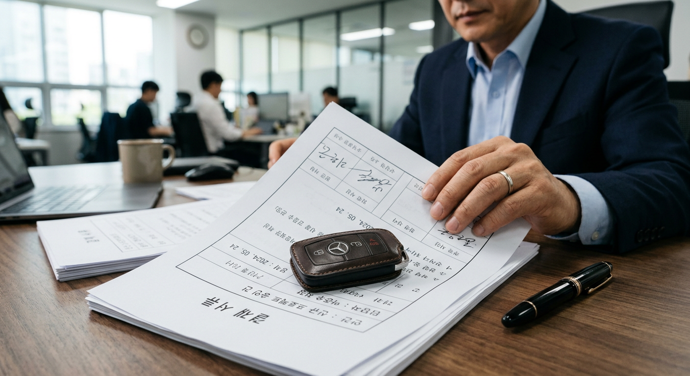 결재 서류 위에 올려진 고급스러운 수입차 스마트키 의사 수입차 리스