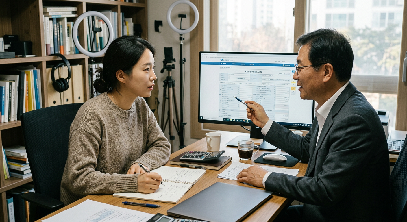 1인 미디어 사업자가 세무 대리인과 함께 모니터 화면의 부가세 신고서 양식을 검토하는 장면 경차 밴 장기렌트