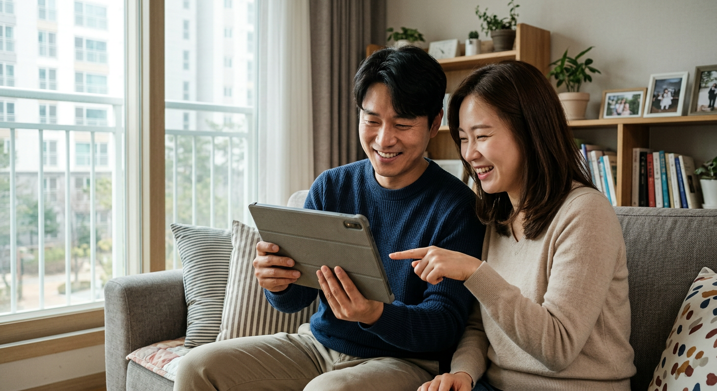 30대 중반의 부부가 거실 소파에 앉아 패블릿 기기로 LPG 준대형 세단의 상세 견적과 세금 부담액을 확인하며 미소 짓는 모습