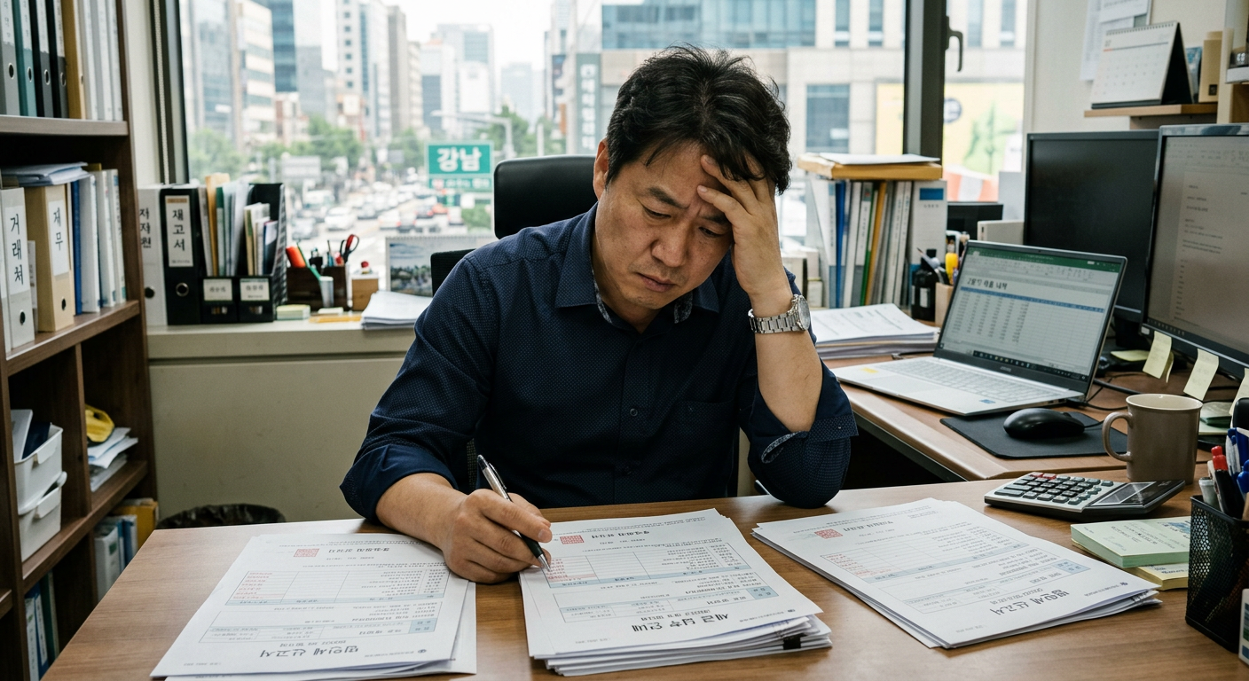 세금 고지서를 보며 곤란한 표정에 잠긴 40대 법인 대표의 사무실 모습 법인 장기렌트 비용처리