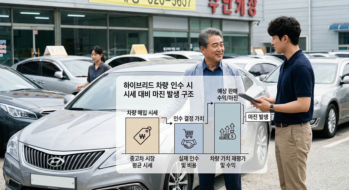 하이브리드 차량 인수 시 시세 대비 마진이 발생하는 구조를 직관적으로 표현한 다이어그램 하이브리드 장기렌트 인수