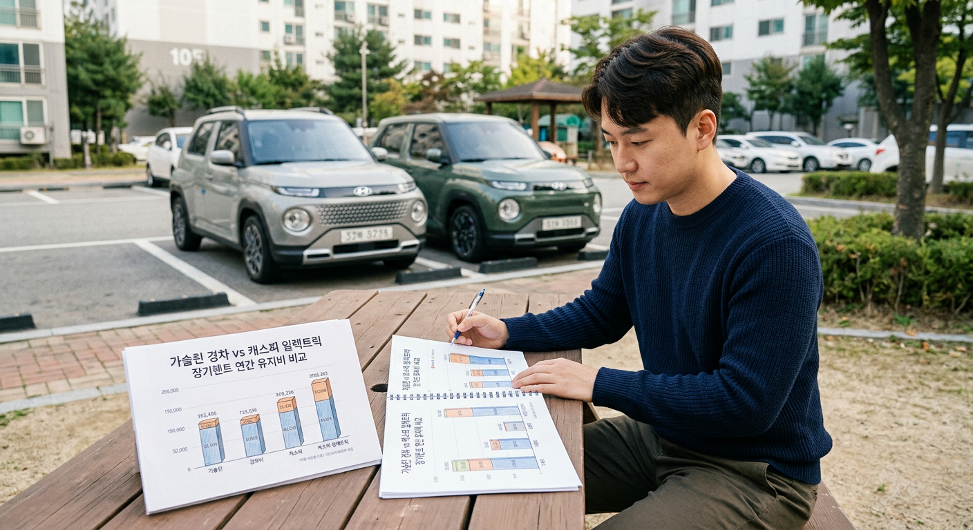 가솔린 경차 vs 캐스퍼 일렉트릭 장기렌트 연간 유지비(대여료, 충전/유류비, 세금, 보험료) 비교 차트