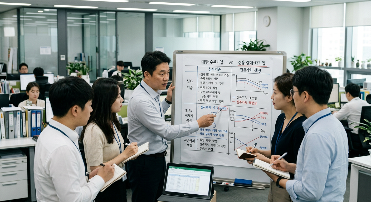 주요 대형 캐피탈사 및 전업 렌터카사의 심사 기준과 잔존가치 책정 성향을 도식화한 비교 차트 카베이 장기렌트 비교