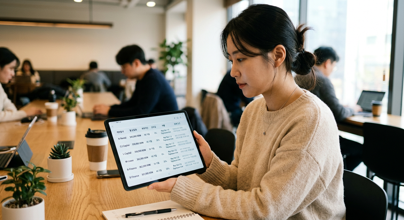 태블릿 PC 화면에 띄워진 다양한 캐피탈사의 레이 밴 장기렌트 월 납입료 비교 견적 리스트
