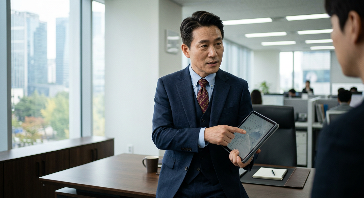깔끔한 정장을 입은 금융 분석가가 태블릿 PC 화면의 수치 자료를 손가락으로 가리키며 설명하는 모습 군인 장기렌트 혜택