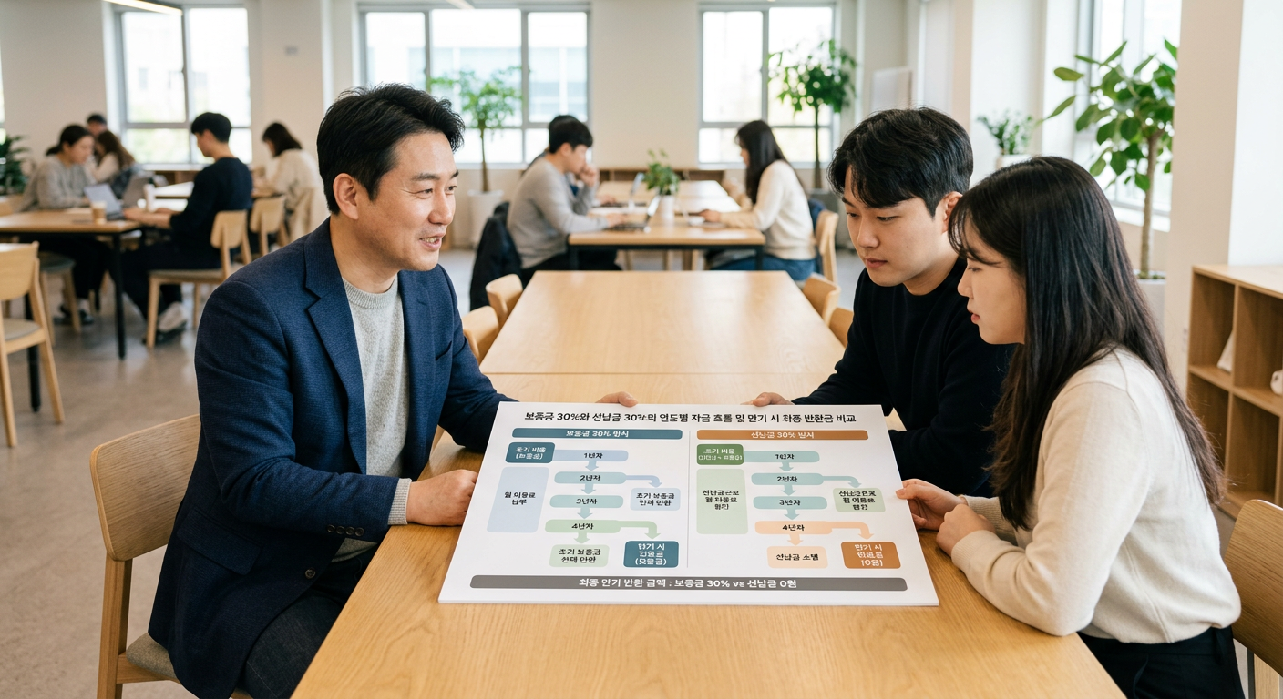 보증금 30%와 선납금 30%의 연도별 자금 흐름 및 만기 시 최종 반환금 비교 도식