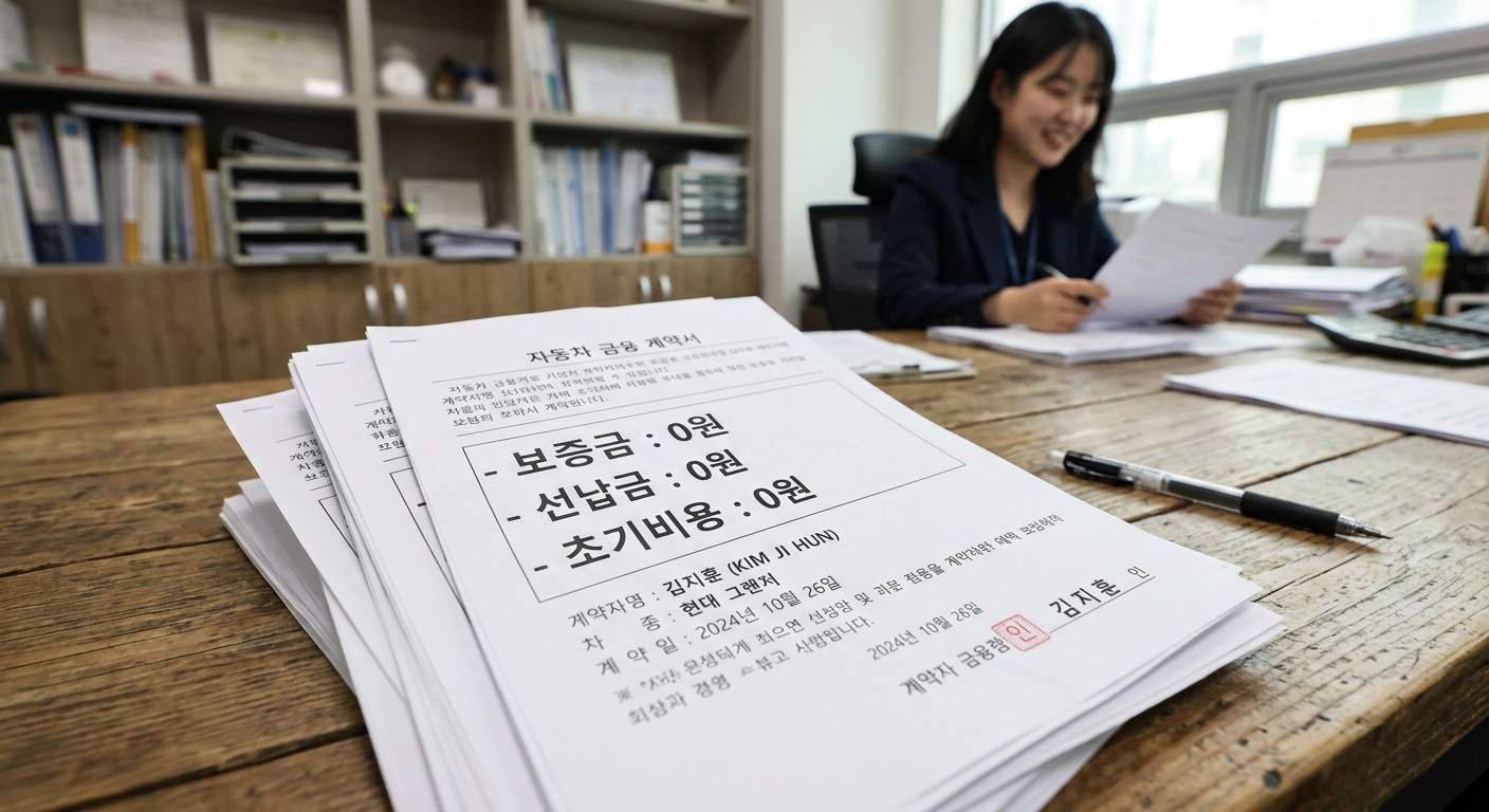 자동차 금융 계약서 위에 보증금, 선납금, 초기비용 0원 문구가 또렷하게 적혀 있는 서류 뭉치 구도
