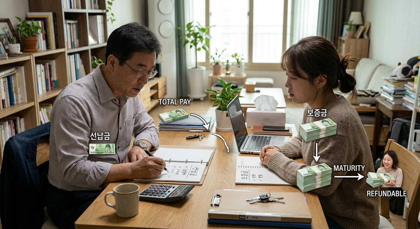 선납금과 보증금의 구조 차이 및 만기 시 환급 여부를 설명하는 비교 일러스트
