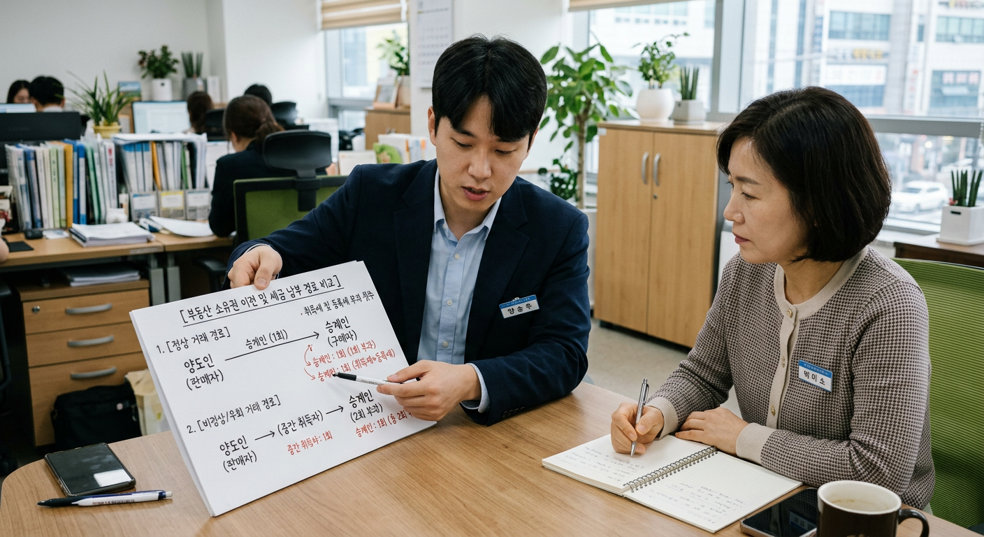 양도인과 승계인 간의 소유권 이전 경로에 따른 취등록세 부과 횟수 비교 도식