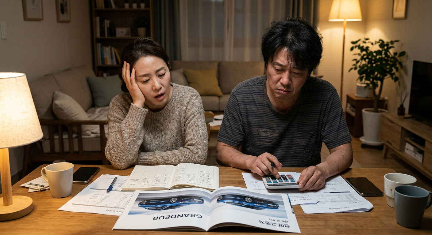 늦은 저녁 거실 테이블에서 그랜저 카탈로그와 매달 고정 지출 가계부를 나란히 펼쳐놓고 한숨을 쉬며 계산기를 두드리는 부부의 모습 그랜저 장기렌트 가격비교
