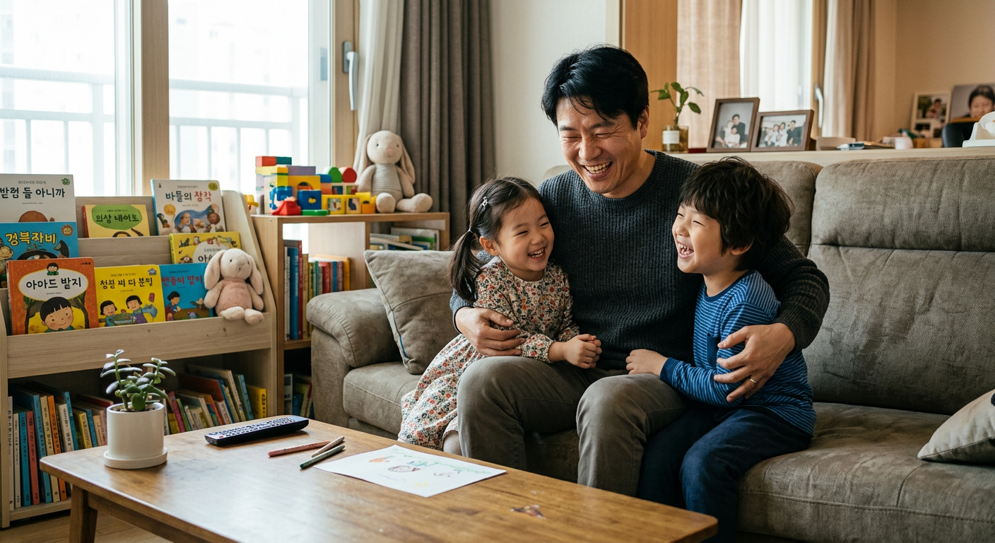 거실에서 아이들과 함께 단란하게 웃고 있는 40대 가장의 행복한 모습 **신용등급 7등급 이하