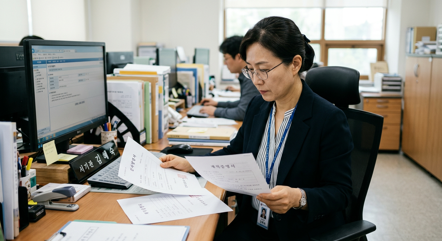 공공기관 공무원이 근무지 변경 관련 인사발령서와 재직증명서 서류를 확인하고 있는 모습