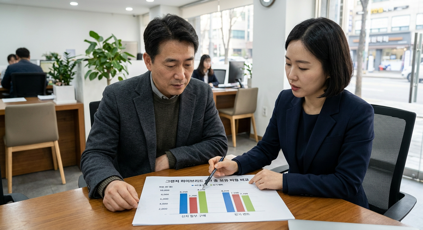 그랜저 하이브리드 신차 할부 구매와 장기렌트의 4년 총 보유 비용 비교 바 차트 그랜저 하이브리드 장기렌트