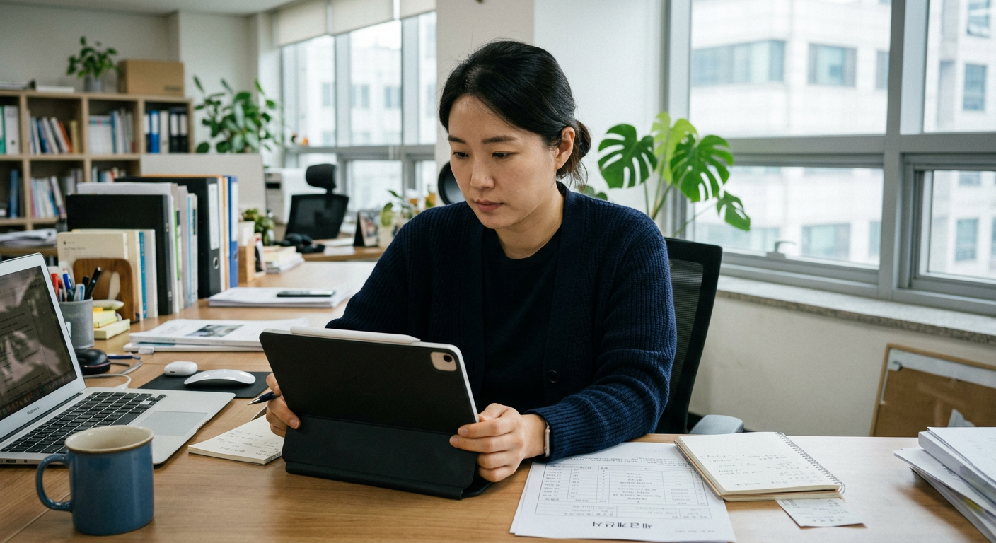 태블릿 PC 화면에 표시된 장기렌트 월 대여료 세금계산서와 비용 처리 세무 세부 내역서 영업직 장기렌트 추천