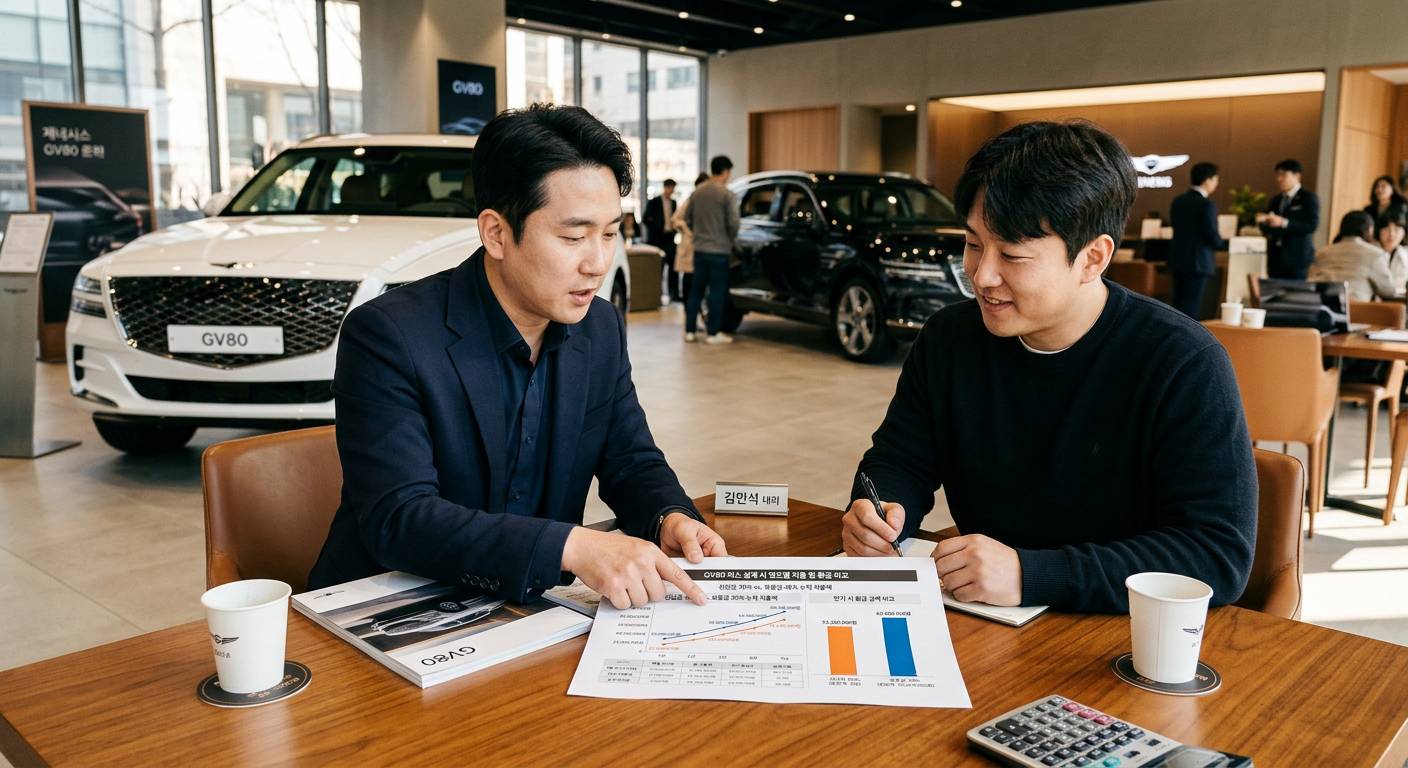 GV80 리스 설계 시 선납금 30%와 보증금 30%의 연도별 누적 지출액 및 만기 시 환급 금액 비교 차트