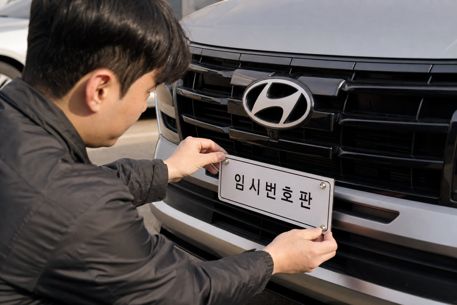 번호판 장착 전, 차량 전면부의 임시번호판 규격과 볼트 체결 상태를 클로즈업하여 검수하는 장면