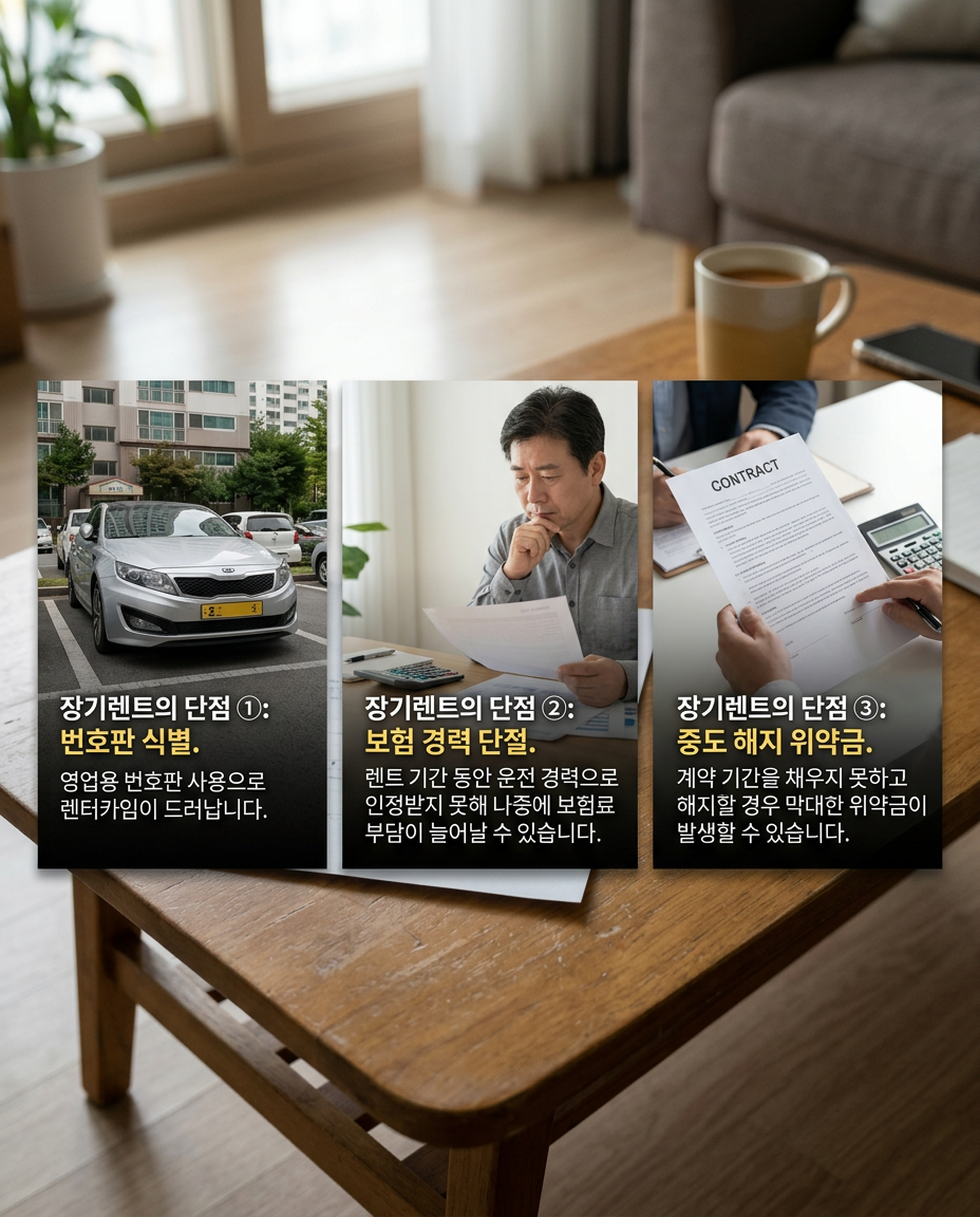 번호판 차이, 보험 경력 단절, 중도 해지 위약금 등 장기렌트의 3대 단점 요약 카드뉴스