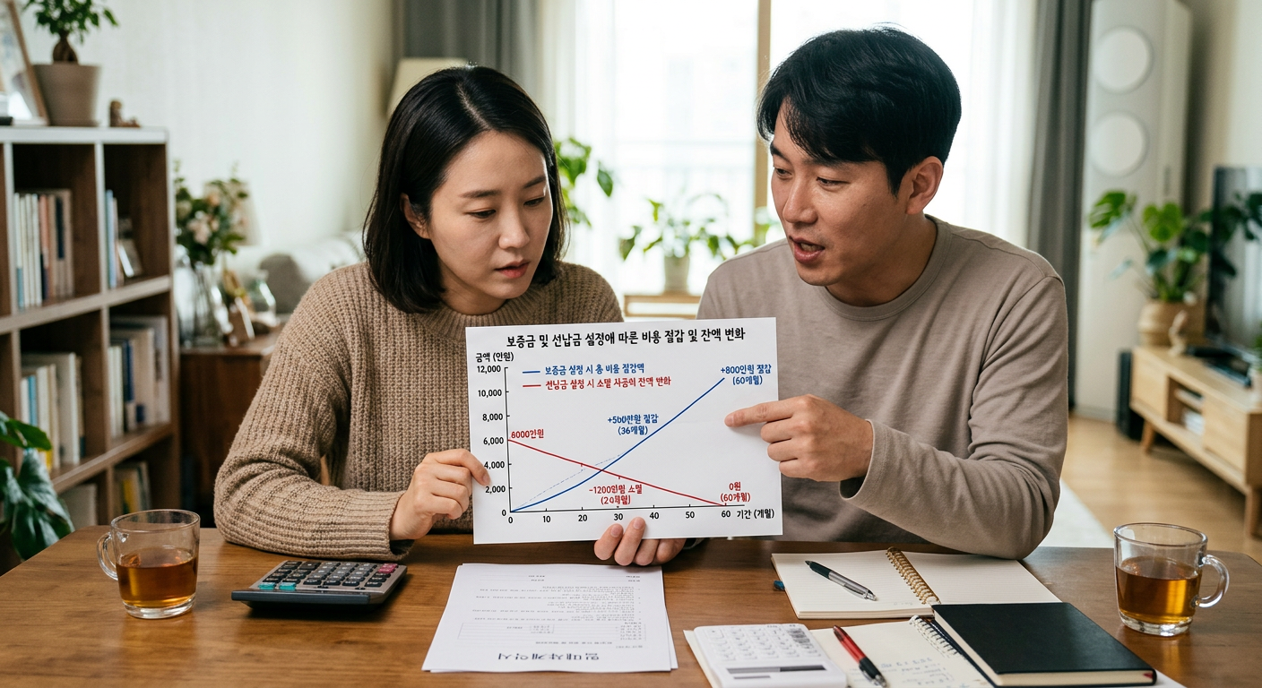 보증금 설정 시 금리 인하에 따른 총 비용 절감액과 선납금 설정 시 소멸 자금의 잔액 변화 그래프