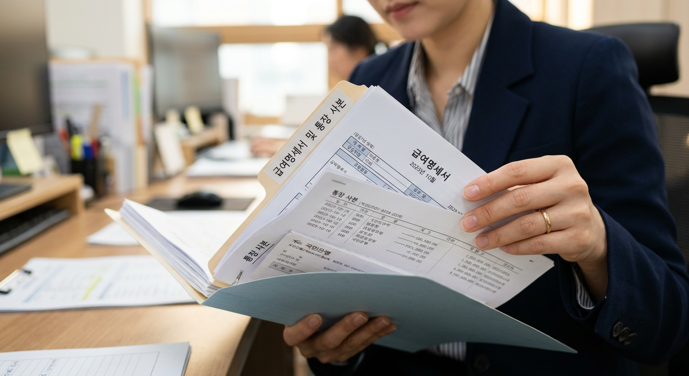 깔끔하게 정리된 급여명세서와 통장 사본 서류철을 들고 있는 믿음직한 느낌의 사무직 직장인 손가락 끝 클로즈업