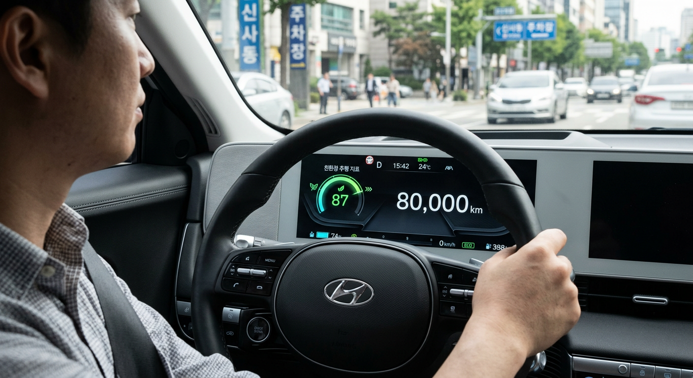 디지털 계기판에 표시된 누적 주행거리 80,000km와 친환경 주행 지표 화면