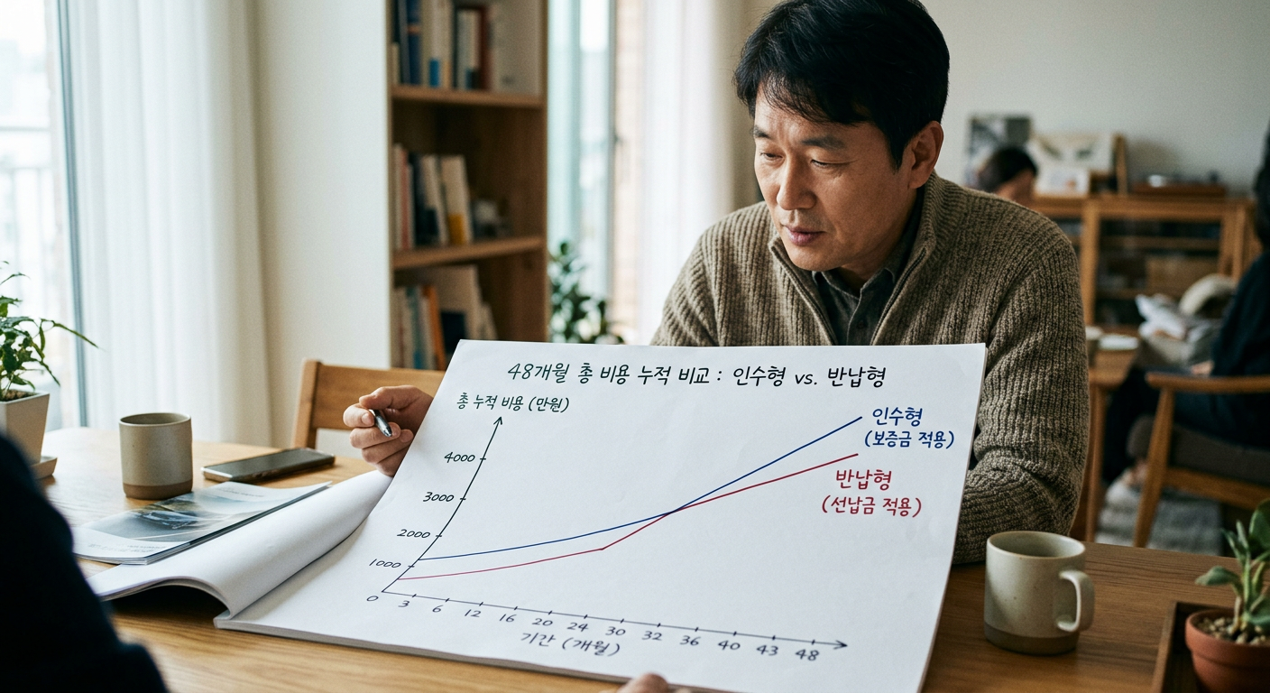 인수형(보증금 적용)과 반납형(선납금 적용) 선택에 따른 48개월 총 비용 누적 비교 곡선