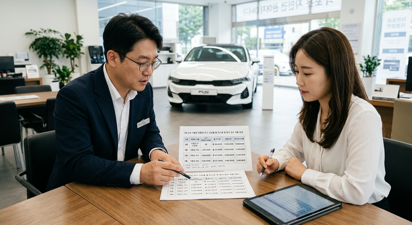 동일 K5 모델의 보증금 비율별 월 리스료 및 만기 인수 비용 시뮬레이션 표 K5리스 견적비교