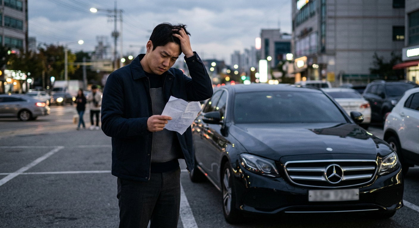무리하게 수입 차량을 선택했다가 중도 해지 위약금 문제로 곤란을 겪는 상황을 경고하는 일러스트 사회초년생 장기렌트 가격