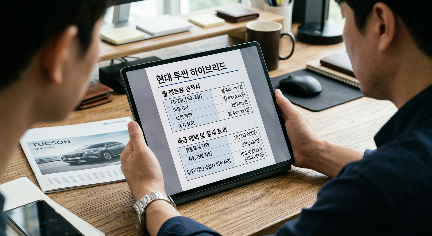 태블릿 화면 위에 투싼 하이브리드의 월 렌트료 견적서와 세금 혜택 내역이 정갈하게 정리되어 있는 모습