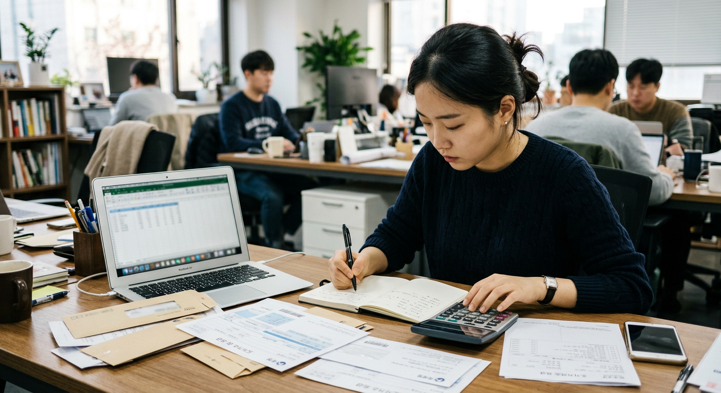 개인이 사무실 책상 위에서 노트북과 계산기, 고지서들을 펼쳐놓고 세금 및 유지 비용을 꼼꼼하게 메모하는 모습