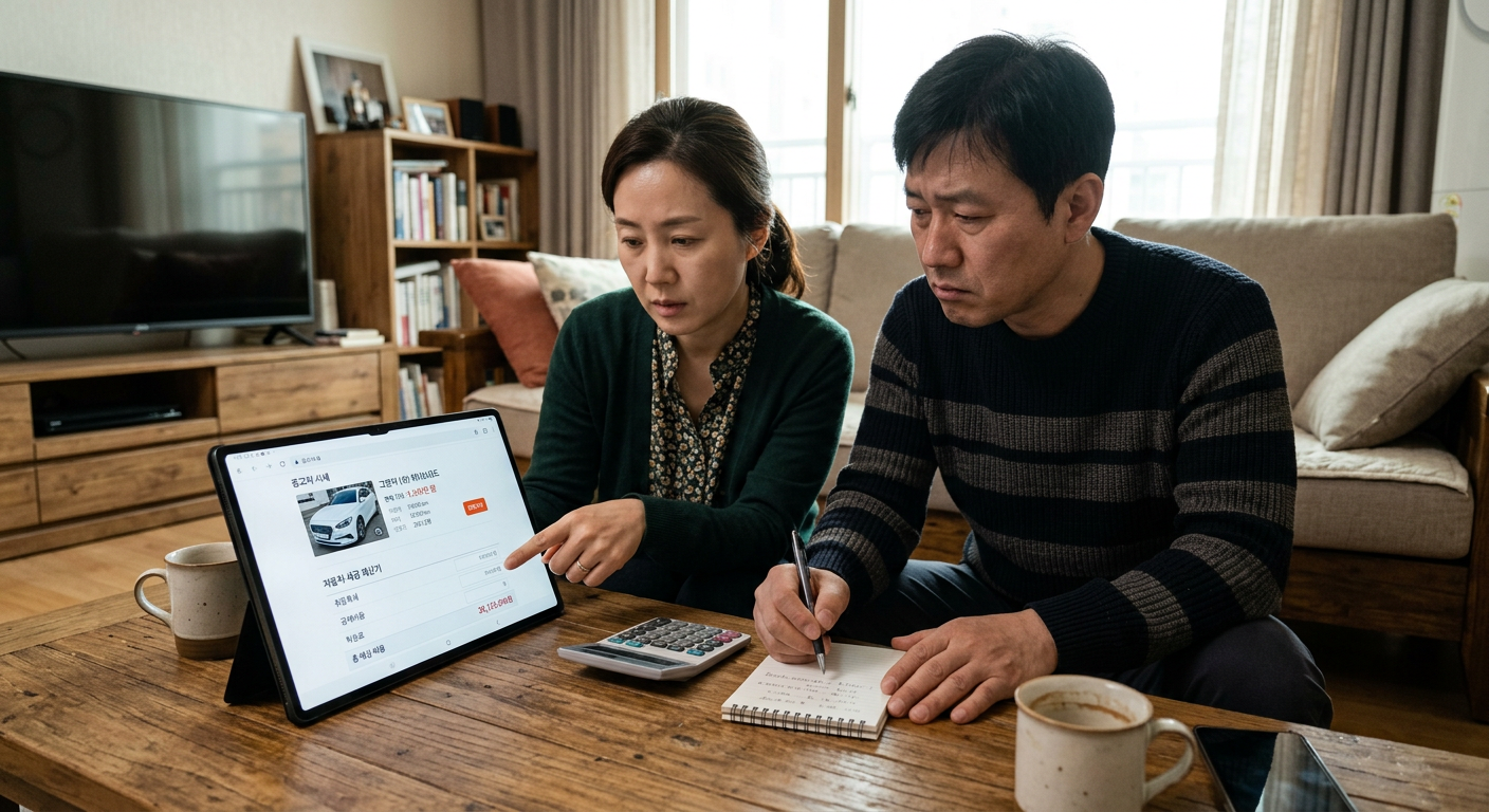거실 테이블에서 태블릿 화면의 중고차 시세와 세금 계산기를 번갈아 보며 고민하는 40대 가장 부부 리스 승계 취등록세