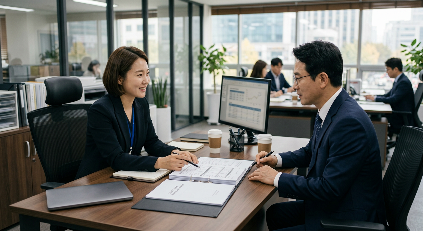 캐피탈사 대리점 내부에서 전문 상담원이 법인 고객에게 장기렌트 계약 조건에 대해 상세히 설명하는 장면