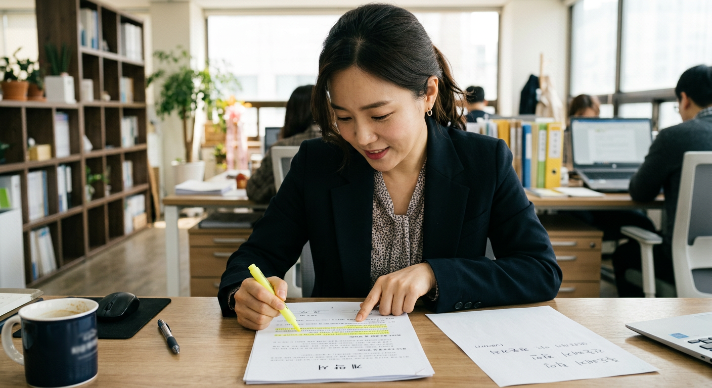 계약서의 중도해지 위약금 및 잔존가치 조항을 꼼꼼하게 형광펜으로 짚어보며 확인하는 모습