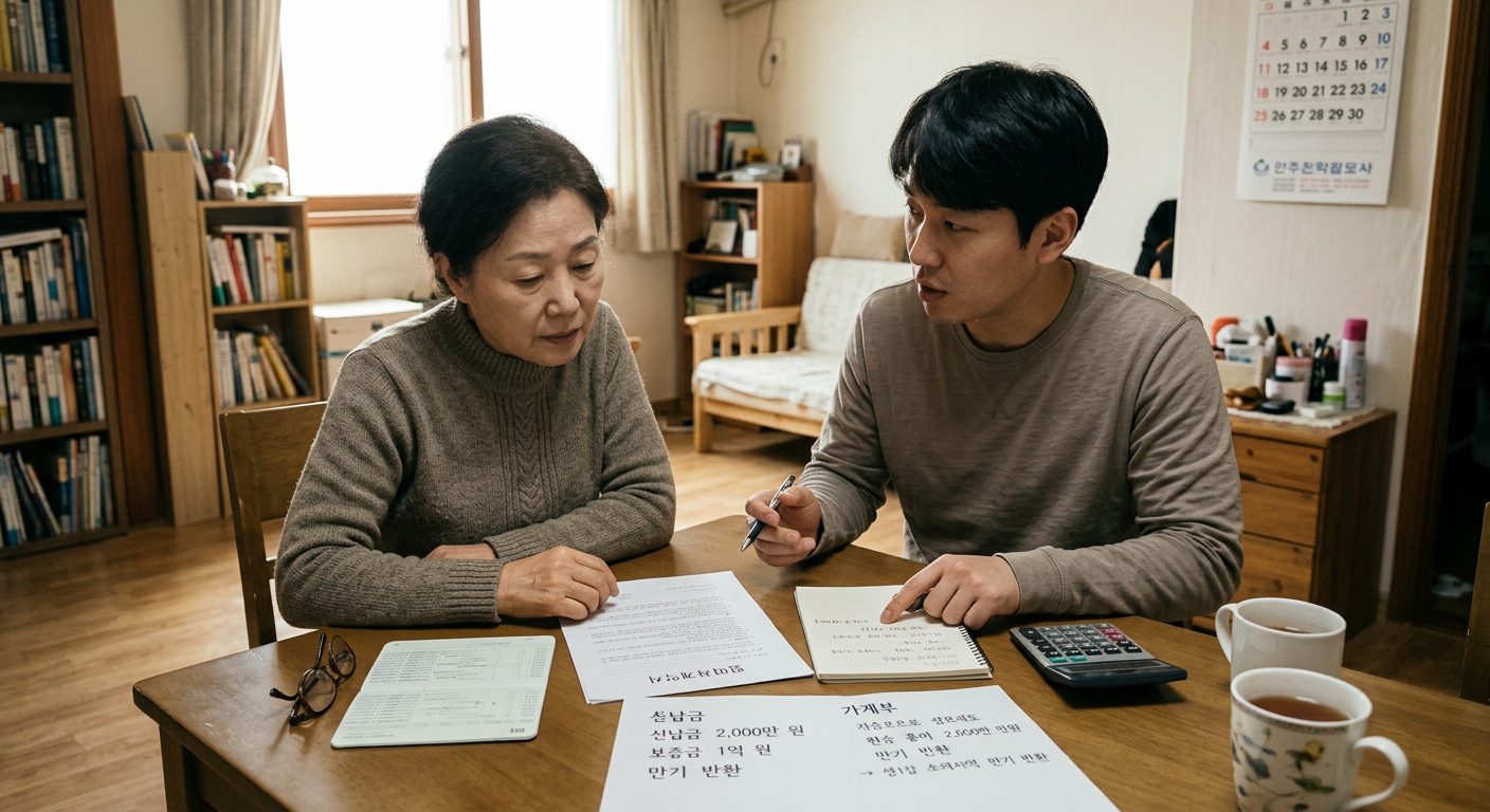 선납금(소멸성)과 보증금(만기 반환)의 시간에 따른 자금 흐름 비교도