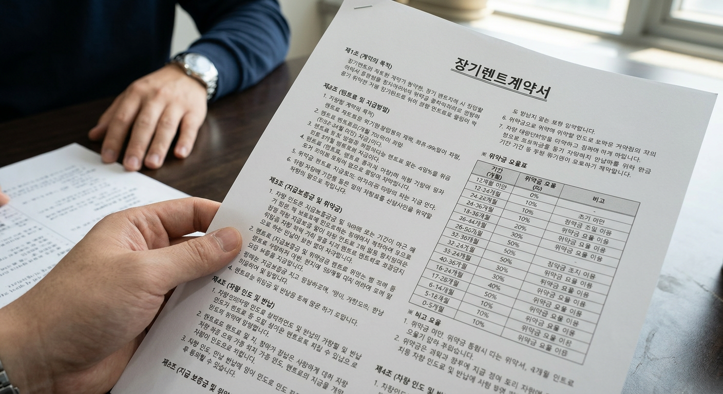 장기렌트 계약서 서류 위에 계약서 조항과 위약금 요율표가 상세히 적혀 있는 클로즈업 사진