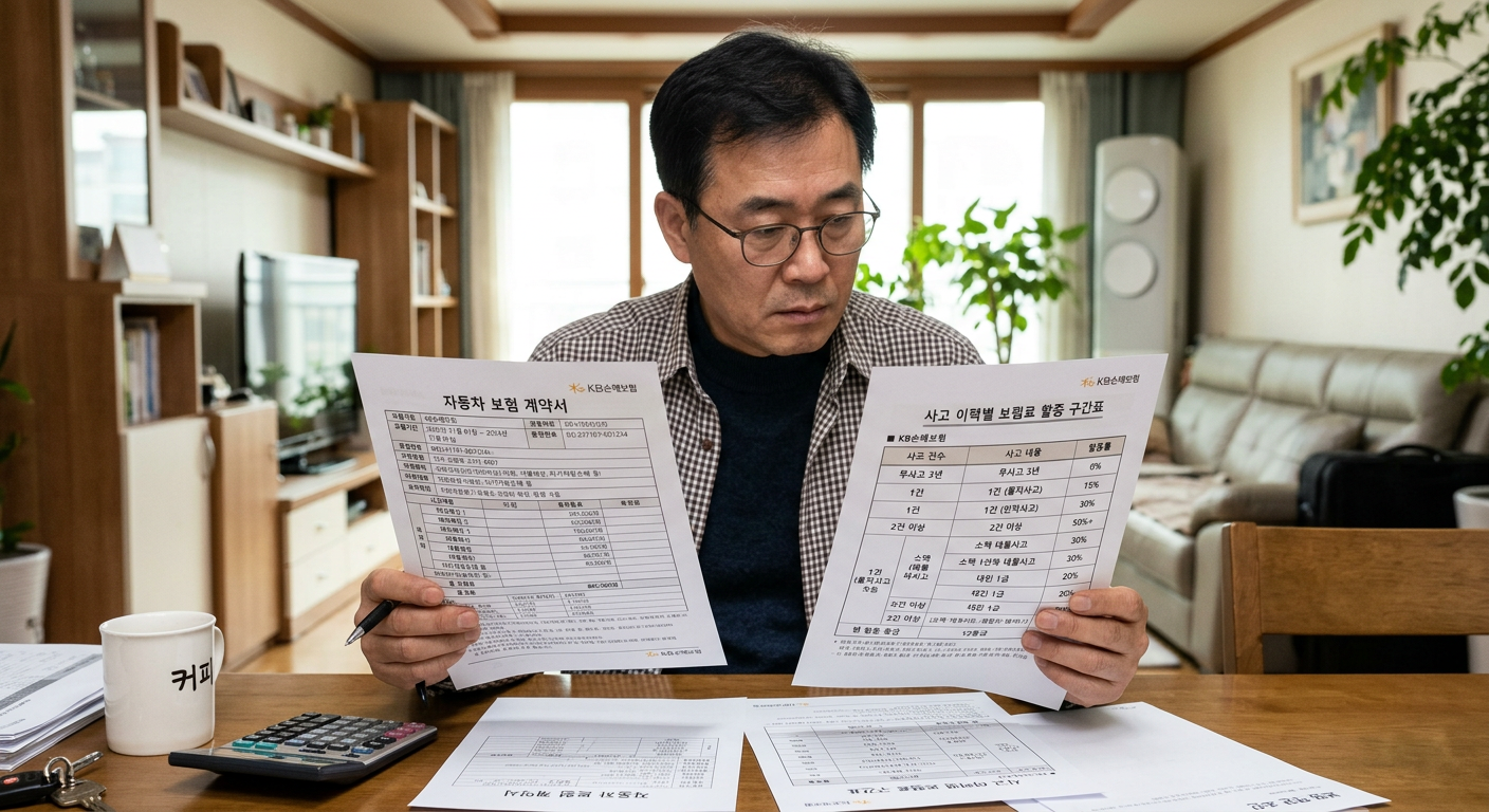 자동차 보험 계약서와 사고 이력 할증 구간 표를 대조하고 있는 운전자의 모습
